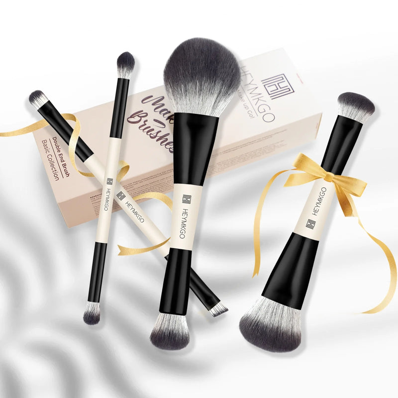 HEYMKGO 4Pcs Makeup Brush Set – Dual-Ended Foundation & Contour Brushes, Synthetic Kabuki Powder Buffer, Professional Cosmetic Tools Kit for Women, Mothers, Daughters, Girlfriends (Black)