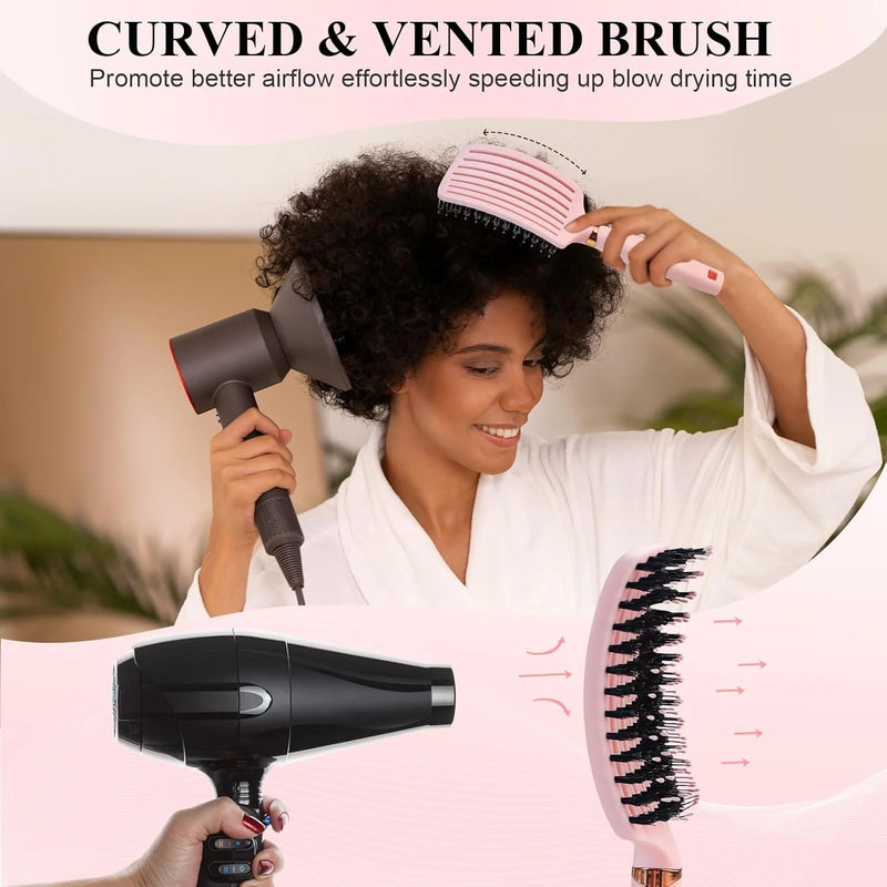 DUAIU Hair Brush Set for Women, Curved Vent Boar Bristle Detangling Brush & Round Brush for Wet & Dry Hair, Styling Tools for Blow Drying, Volumizing, Curling, Straightening, Removes Knots, Pink