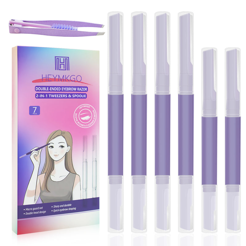 7-Piece Women's Eyebrow Razor Set - 4 Long & 2 Short Eyebrow Razors and Tweezers | Dermaplaning Tool for Face & Eyebrows | Peach Fuzz & Facial Hair Removal | High Precision Blades (Purple)