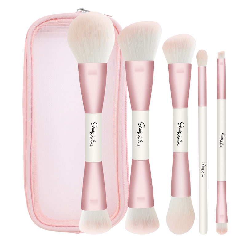 DUAIU Makeup Brushes Set,5Pcs Premium Double-Ended Makeup Brush Foundation Contour Blush Highlight Blending Concealer Eyeshadow Brush Set Professional Face Brush Tools(Pink）