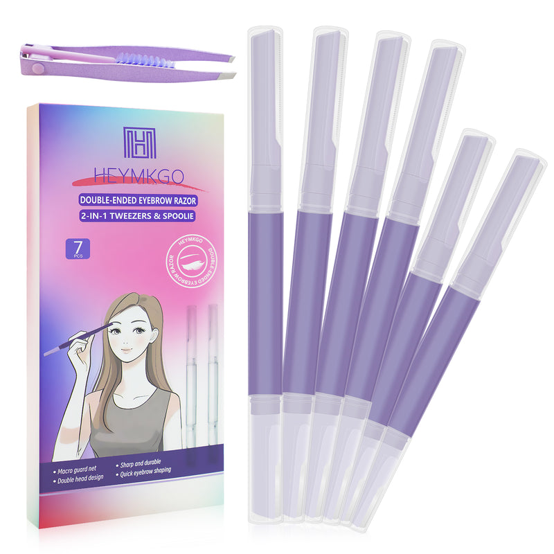 7-Piece Women's Eyebrow Razor Set - 4 Long & 2 Short Eyebrow Razors and Tweezers | Dermaplaning Tool for Face & Eyebrows | Peach Fuzz & Facial Hair Removal | High Precision Blades (Purple)