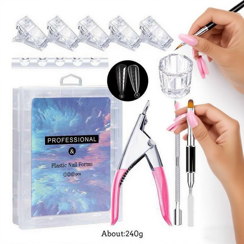DUAIU Nail Mold Tool Set,Nail Extension Form Tips Dual Nail Mold Full Cover UV Polygel Gel Tools Acrylic Nail System Forms Set with Dual-Ended Polygel Brush 5Pcs Nail Tips Clip