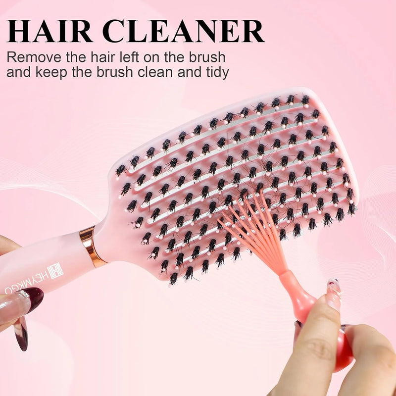 DUAIU Hair Brush Set for Women, Curved Vent Boar Bristle Detangling Brush & Round Brush for Wet & Dry Hair, Styling Tools for Blow Drying, Volumizing, Curling, Straightening, Removes Knots, Pink