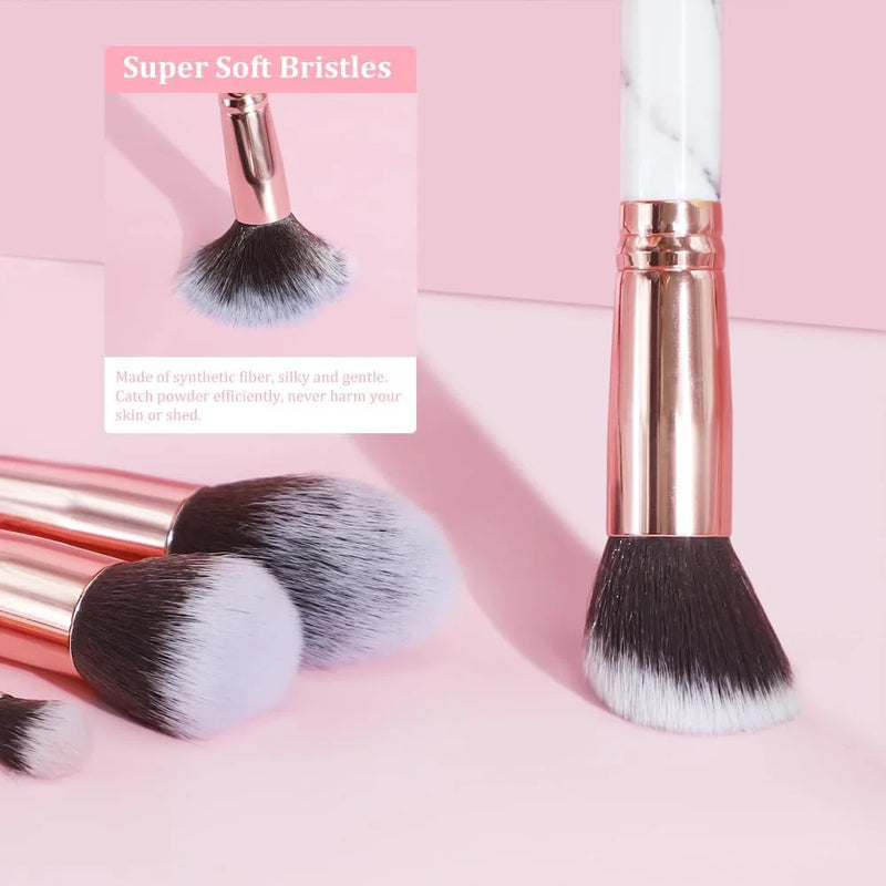 DUAIU 10PCS Marble Makeup Brush Set Blush Foundation Eyeshadow Brushes with 2 Makeup Sponge,White