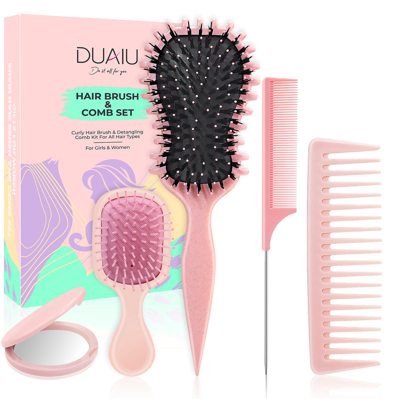 DUAIU  5-Piece Hair Brush & Comb Set - Detangling Brush, Wide Tooth Comb, Curling Comb & Tail Comb with Mini Mirror | Hair Care Gift Set for Women/Teen Girls/Kids (Includes Gift Box)