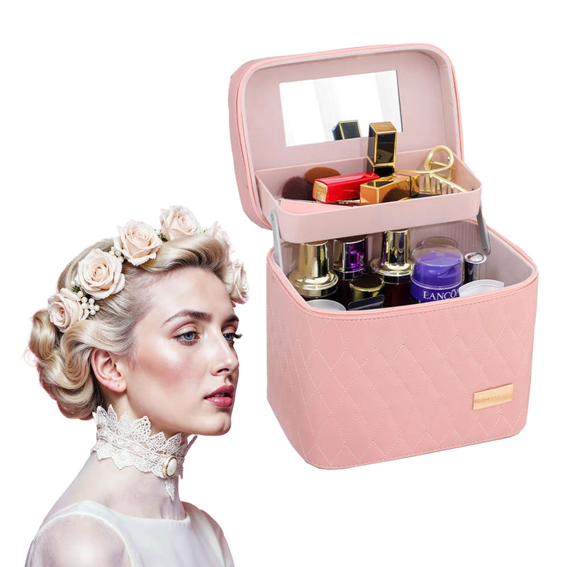 DUAIU Double Layer Makeup Organizer - PU Leather Cosmetic Bag with Mirror and Handle,Waterproof Travel Makeup Case,Portable Toiletry Bag with Compartments (Pink)
