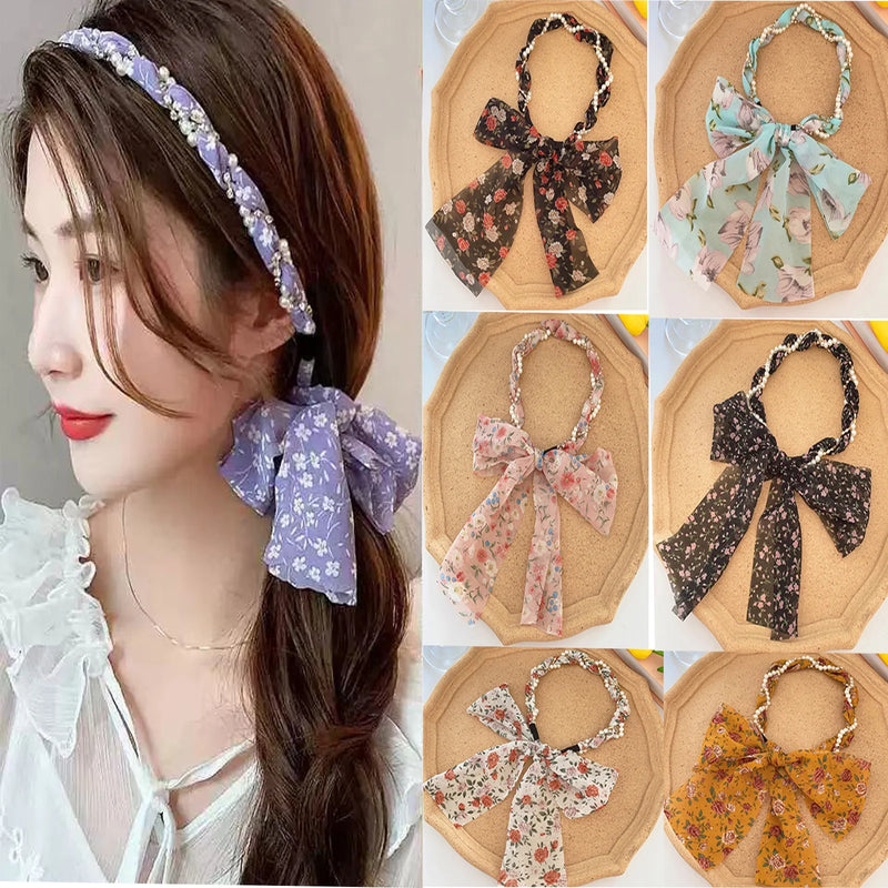 DUAIU 6-Piece Pearl Floral Headbands Set - Knotted Wide Hairbands with Bows | 6 Bohemian Print Styles for Women & Girls | Stretchable Hair Hoops for Women’s Fashion Accessories