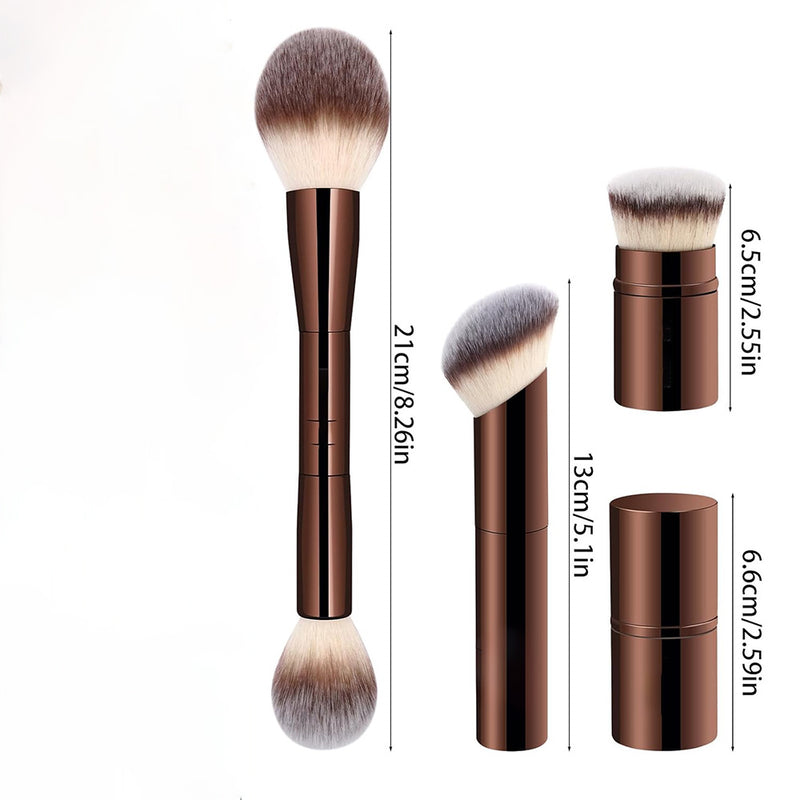 DUAIU 3Pcs Foundation Makeup Brush Set Double-ended Kabuki Brush Contour Brush for Liquid Powder Concealer Cream Cosmetics Blending Blush Face Makeup Tools Kit (Coffee)
