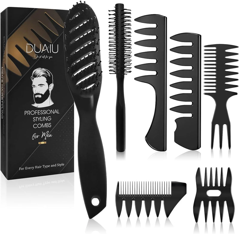 DUAIU 7Pcs Men's Hair Styling Set: Vent Brush, Round Brush, Wide-tooth Comb, Texture Comb for Blow Drying, Detangling, Grooming, and Hairdressing, Gift for Men