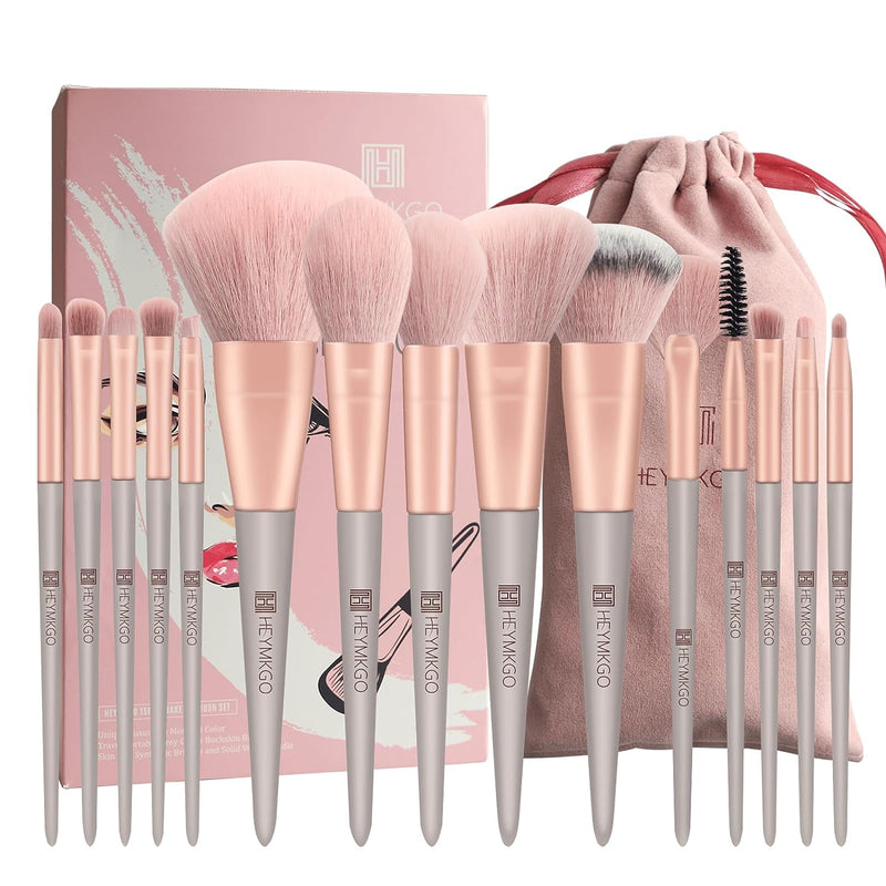 DUAIU Makeup Brushes Set, 15Pcs Makeup Brush Set Premium Synthetic Bristles Conical Handle Kabuki Foundation Face Brushes for Liquid Powder Buffing Blending Contouring With Travel Pouch (Pink)