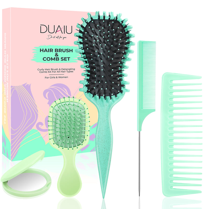 DUAIU  5-Piece Hair Brush & Comb Set - Detangling Brush, Wide Tooth Comb, Curling Comb & Tail Comb with Mini Mirror | Hair Care Gift Set for Women/Teen Girls/Kids (Includes Gift Box) Green