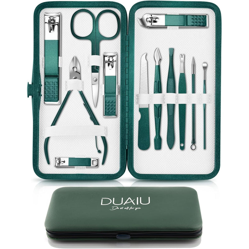 Nail Clippers Manicure Set DUAIU 12PCs Professional Nail Clipper Set Stainless Steel Pedicure Kit for Men Women Nail Care Tools Grooming Kit with Travel Case (Green)