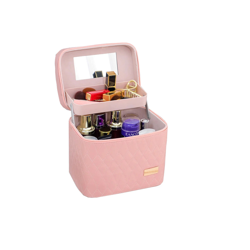 DUAIU Double Layer Makeup Organizer - PU Leather Cosmetic Bag with Mirror and Handle,Waterproof Travel Makeup Case,Portable Toiletry Bag with Compartments (Pink)