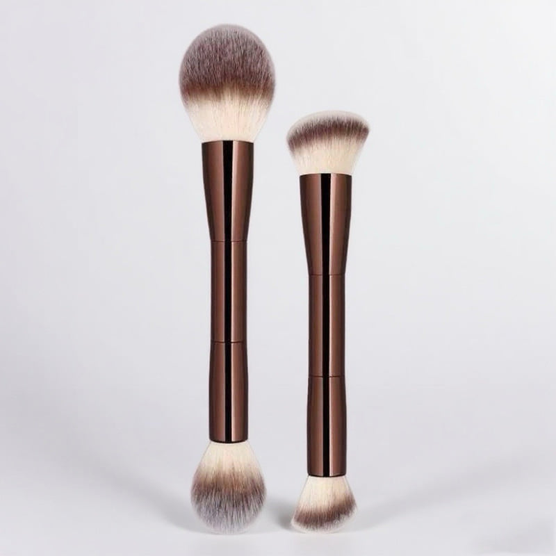DUAIU 2Pcs Foundation Makeup Brush Set Double-ended Kabuki Brush Contour Brush for Liquid Powder Concealer Cream Cosmetics Blending Blush Face Makeup Tools Kit (Coffee)