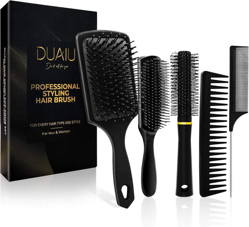 DUAIU 5-Piece Hair Brush Set - Paddle Brush, Round Quiff & Wide Tooth Combs for Men/Women | Wet/Dry Use on Curly/Thick/Thin Hair | No-Tangle Styling Tools (Includes Rat Tail Comb)