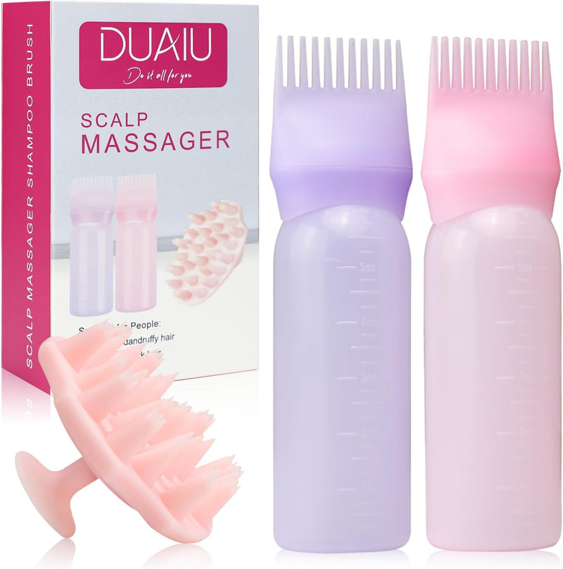 Scalp Massage Brush with 2 Pieces Hair Oil Applicator, DUAIU Hair Oil Applicator Bottle Scalp Massager Set Head Massage Shampoo Brush Hair Massage Brushes Hair Dye and Hair Care Tools