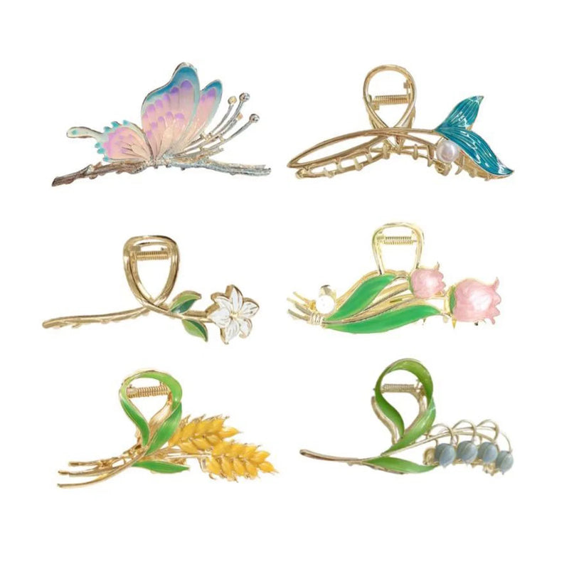 DUAIU 6-Piece Floral Hair Claw Clips - Large Metal Non-Slip Jaw Clips for Women & Girls | Strong Hold Barrettes for Long/Thin/Curly Hair | Fashion Hair Accessories