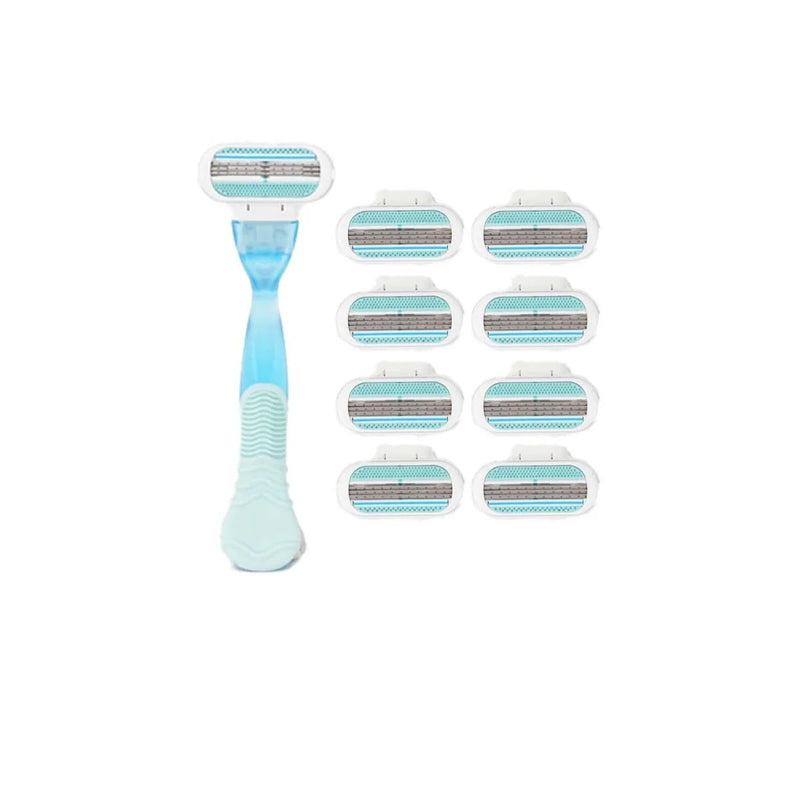 DUAIU Women's Razor Kit - 8 Blade Refills + Non-Slip Holder, Underarm & Leg Hair Removal | Sensitive Skin Shaving with Smooth Results | Lady Shaver Trimmer (Blue)