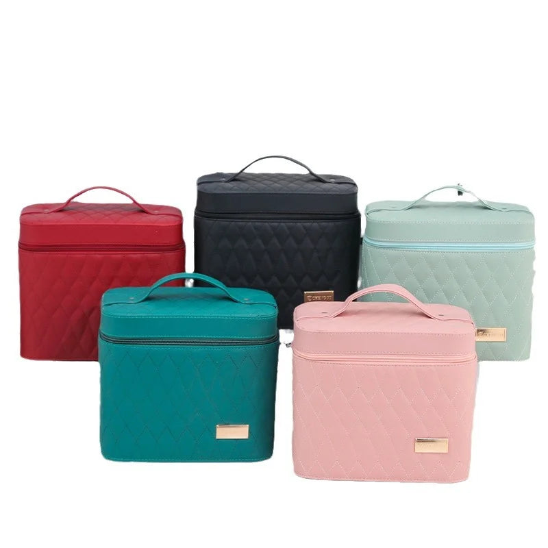 DUAIU Double Layer Makeup Organizer - PU Leather Cosmetic Bag with Mirror and Handle,Waterproof Travel Makeup Case,Portable Toiletry Bag with Compartments (Pink)
