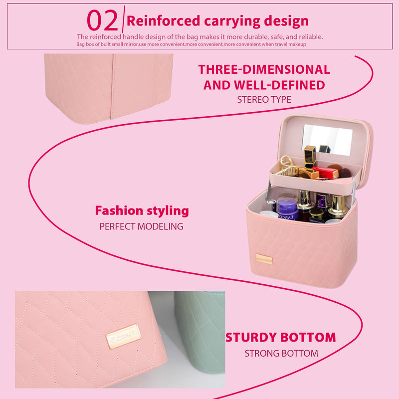 DUAIU Double Layer Makeup Organizer - PU Leather Cosmetic Bag with Mirror and Handle,Waterproof Travel Makeup Case,Portable Toiletry Bag with Compartments (Pink)