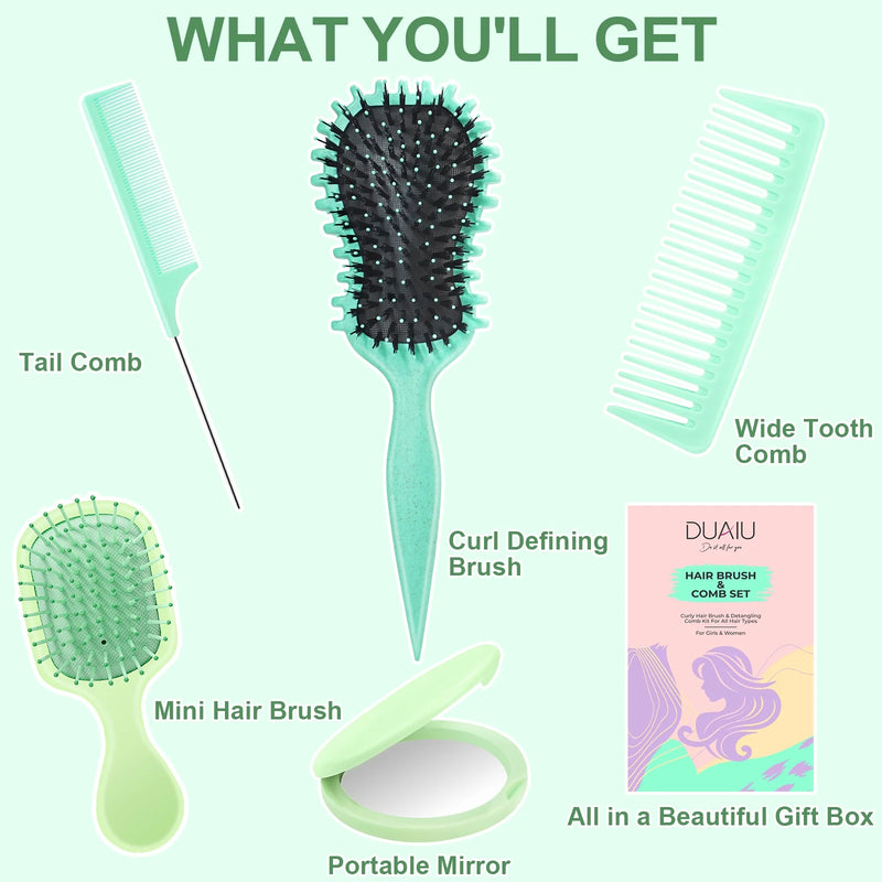 DUAIU  5-Piece Hair Brush & Comb Set - Detangling Brush, Wide Tooth Comb, Curling Comb & Tail Comb with Mini Mirror | Hair Care Gift Set for Women/Teen Girls/Kids (Includes Gift Box) Green