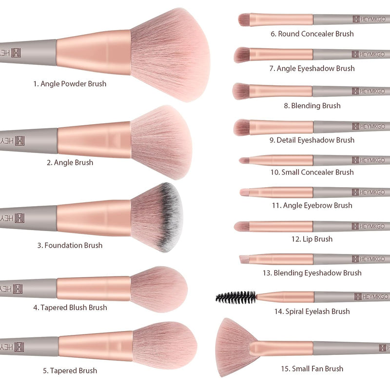 DUAIU Makeup Brushes Set, 15Pcs Makeup Brush Set Premium Synthetic Bristles Conical Handle Kabuki Foundation Face Brushes for Liquid Powder Buffing Blending Contouring With Travel Pouch (Pink)