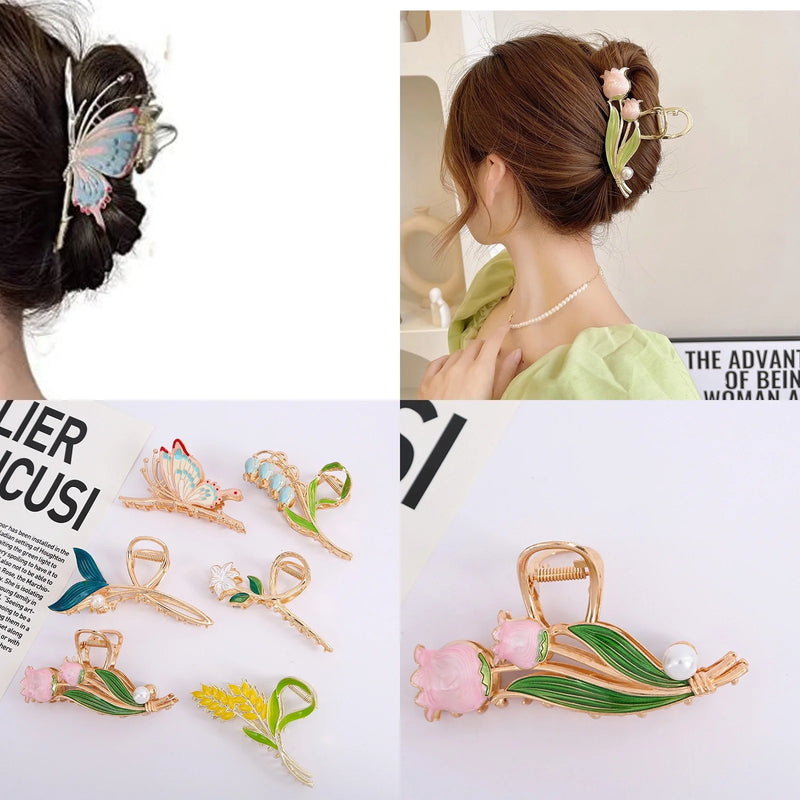 DUAIU 6-Piece Floral Hair Claw Clips - Large Metal Non-Slip Jaw Clips for Women & Girls | Strong Hold Barrettes for Long/Thin/Curly Hair | Fashion Hair Accessories