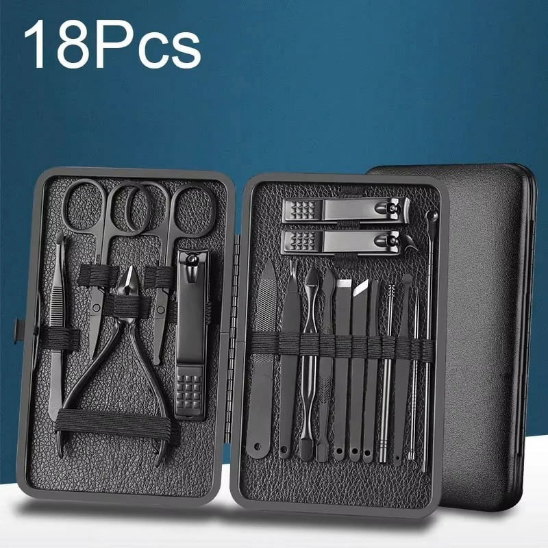 DUAIU Manicure Cutters Nail Clipper Set Household Stainless Steel Ear Spoon Nail Clippers Pedicure Nail Scis,Black leather 18pcs