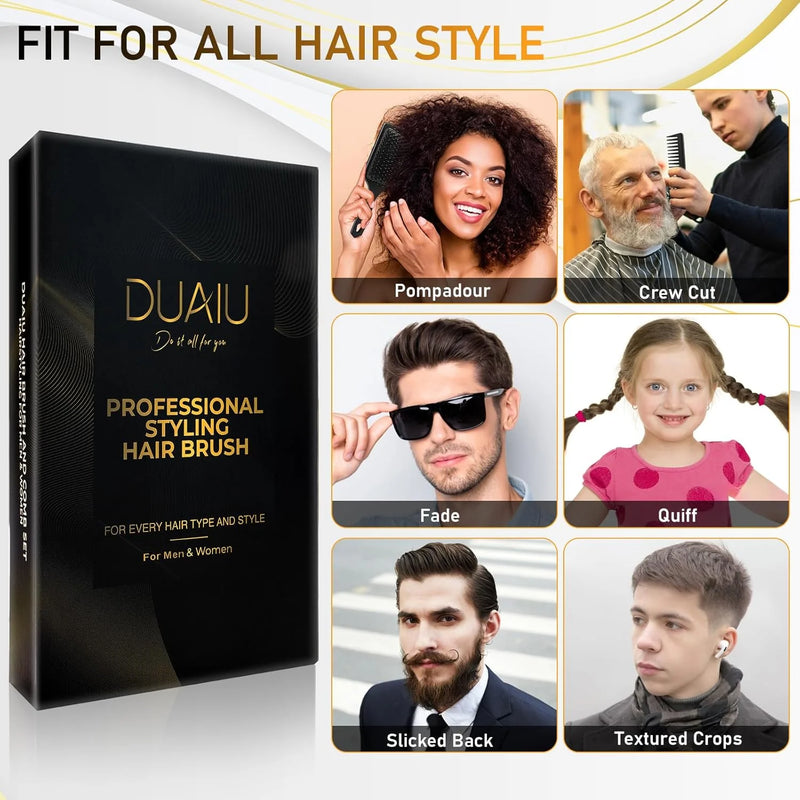 DUAIU 5-Piece Hair Brush Set - Paddle Brush, Round Quiff & Wide Tooth Combs for Men/Women | Wet/Dry Use on Curly/Thick/Thin Hair | No-Tangle Styling Tools (Includes Rat Tail Comb)