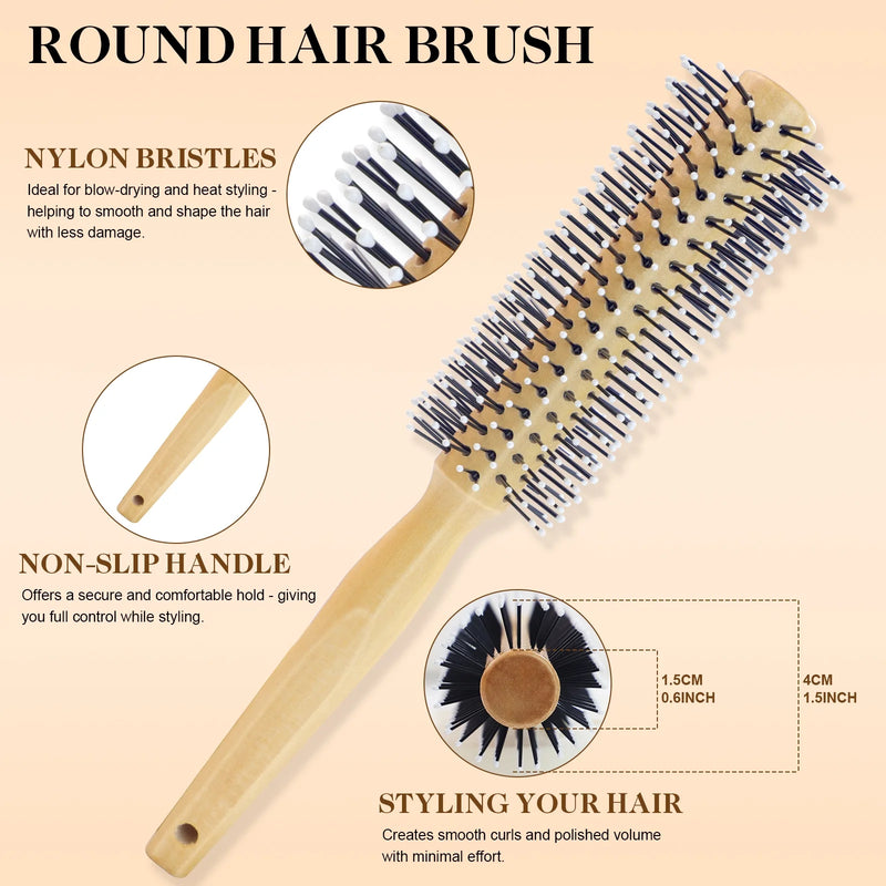 DUAIU 5-Piece Bamboo Hair Brush Set - Large Cushion Comb, Wide/Fine Tooth & Rolling Combs | No-Bristle Detangling for Thick/Thin/Curly/Dry Hair | Gift Kit for Women/Men/Kids