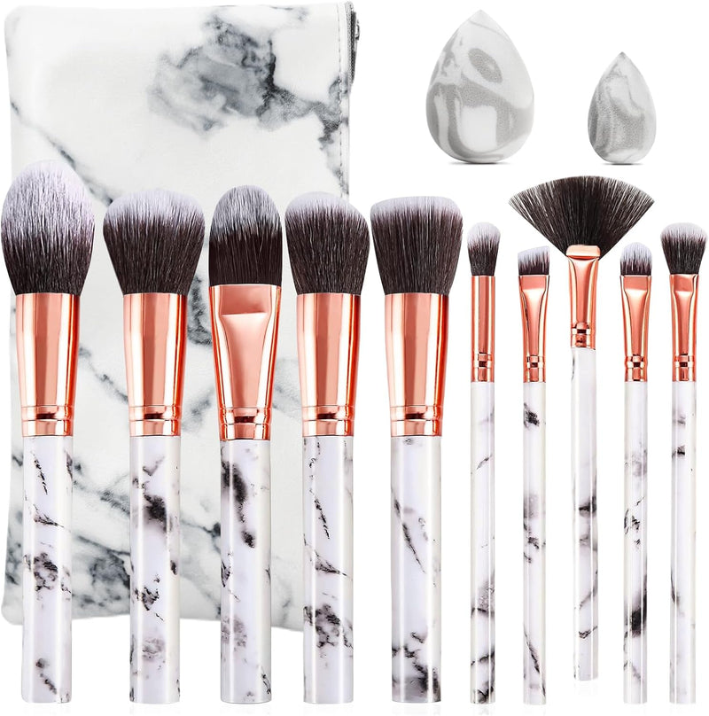 DUAIU 10PCS Marble Makeup Brush Set Blush Foundation Eyeshadow Brushes with 2 Makeup Sponge,White