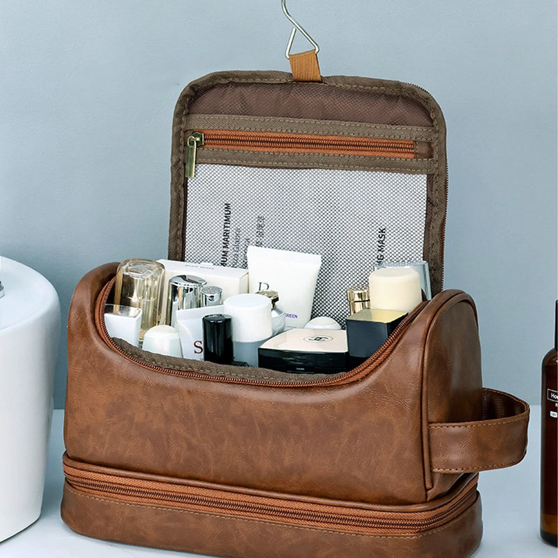 DUAIU Men's Toiletry Bag - Large Waterproof Travel Organizer with Hook,Premium Leather Toiletries Storage Bag for Personal Care,Stylish Strong-Best Gift for Men