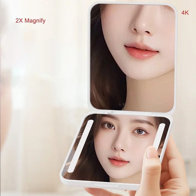 DUAIU Portable Pocket Mirror,2X Magnification LED Compact Travel Makeup Mirror with Light, 2-Sided, Portable, Folding, Handheld, Small Lighted Mirror for Gift,Pink