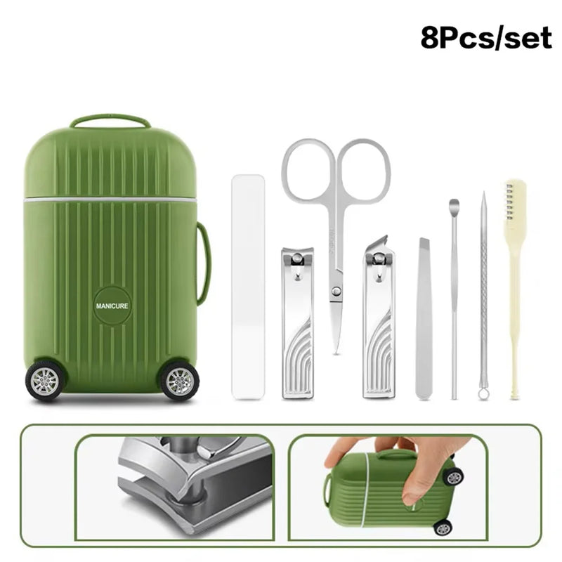 DUAIU 8Pcs Nail Clipper Set Home Manicure Nail Nursing Tool Stainless Steel Nails Clippers Simple Practical Tools Mini Luggage Storage Box (Green)