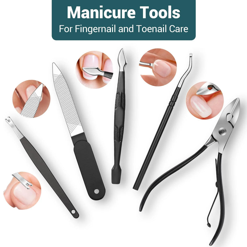 DUAIU  18pcs Nail Clipper Manicure Set for Adult Professional Stainless Steel Grooming Pedicure Kit with Travel Case Black
