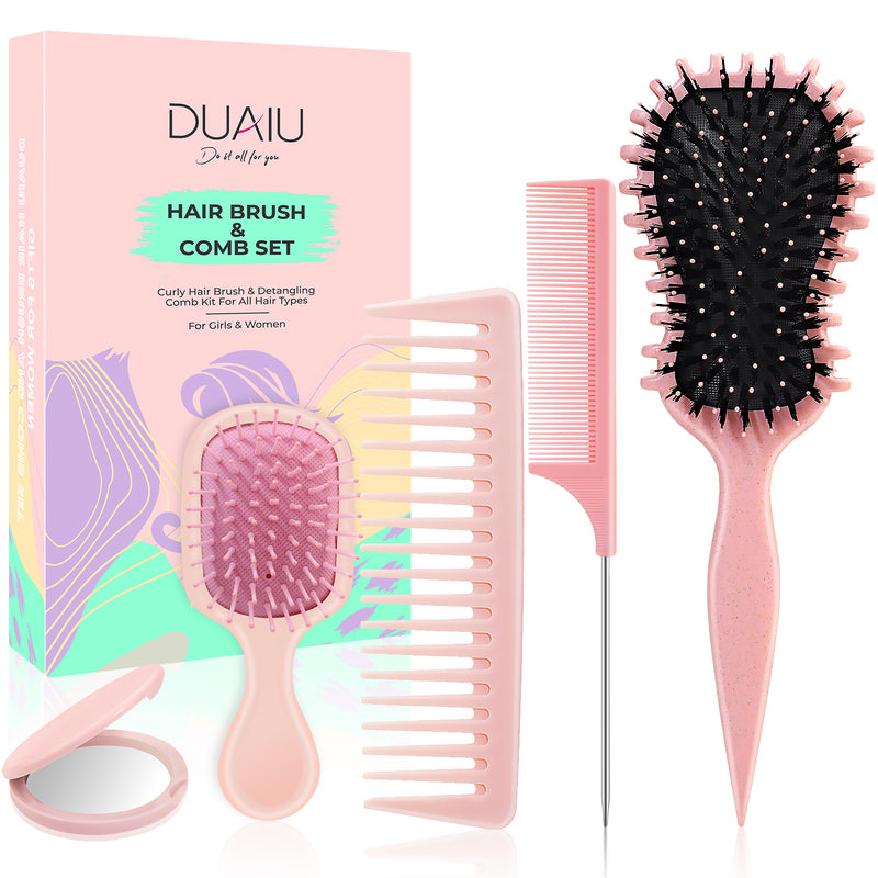 DUAIU  5-Piece Hair Brush & Comb Set - Detangling Brush, Wide Tooth Comb, Curling Comb & Tail Comb with Mini Mirror | Hair Care Gift Set for Women/Teen Girls/Kids (Includes Gift Box)
