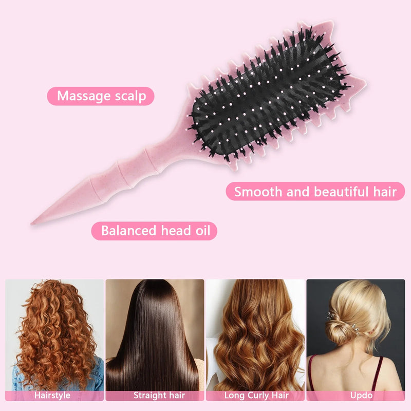 DUAIU Curly Hair Brush with Boar Bristles & Wheat Straw Handle - Cat Ear Design Curl Defining Brush for Frizz-Free Styling, Bamboo Joint Handle Reduces Pulling for Defined Curls (Pink)