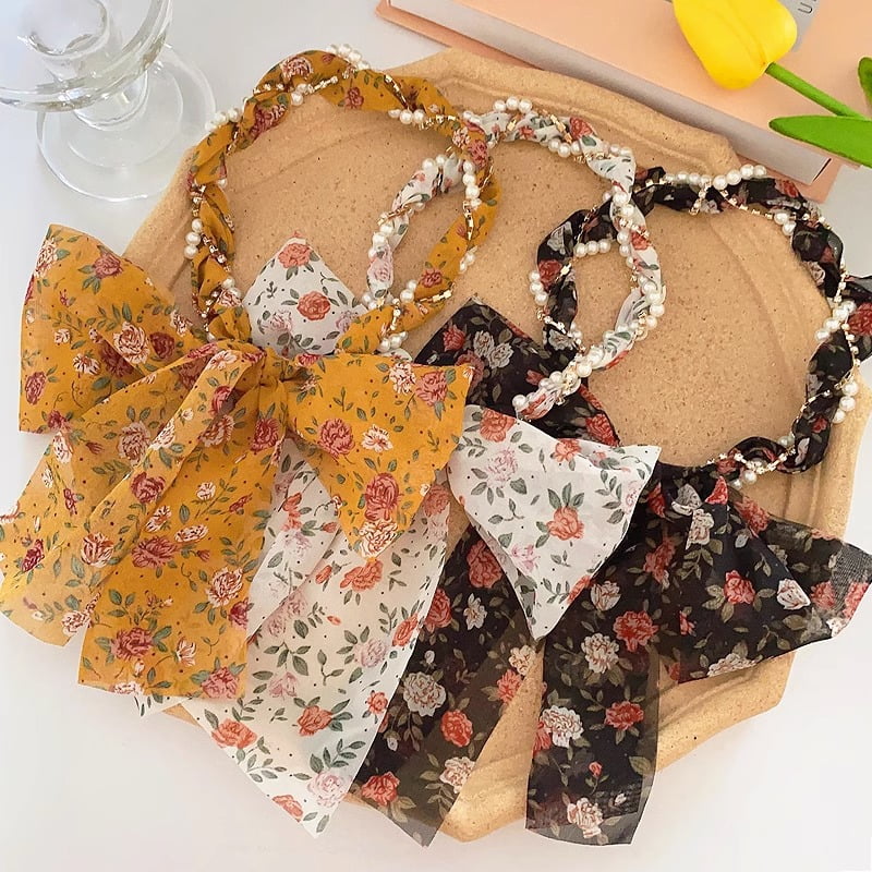 DUAIU 6-Piece Pearl Floral Headbands Set - Knotted Wide Hairbands with Bows | 6 Bohemian Print Styles for Women & Girls | Stretchable Hair Hoops for Women’s Fashion Accessories