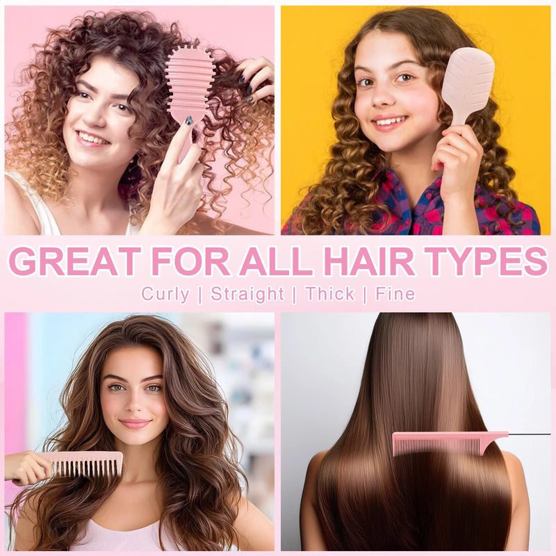 DUAIU  5-Piece Hair Brush & Comb Set - Detangling Brush, Wide Tooth Comb, Curling Comb & Tail Comb with Mini Mirror | Hair Care Gift Set for Women/Teen Girls/Kids (Includes Gift Box)