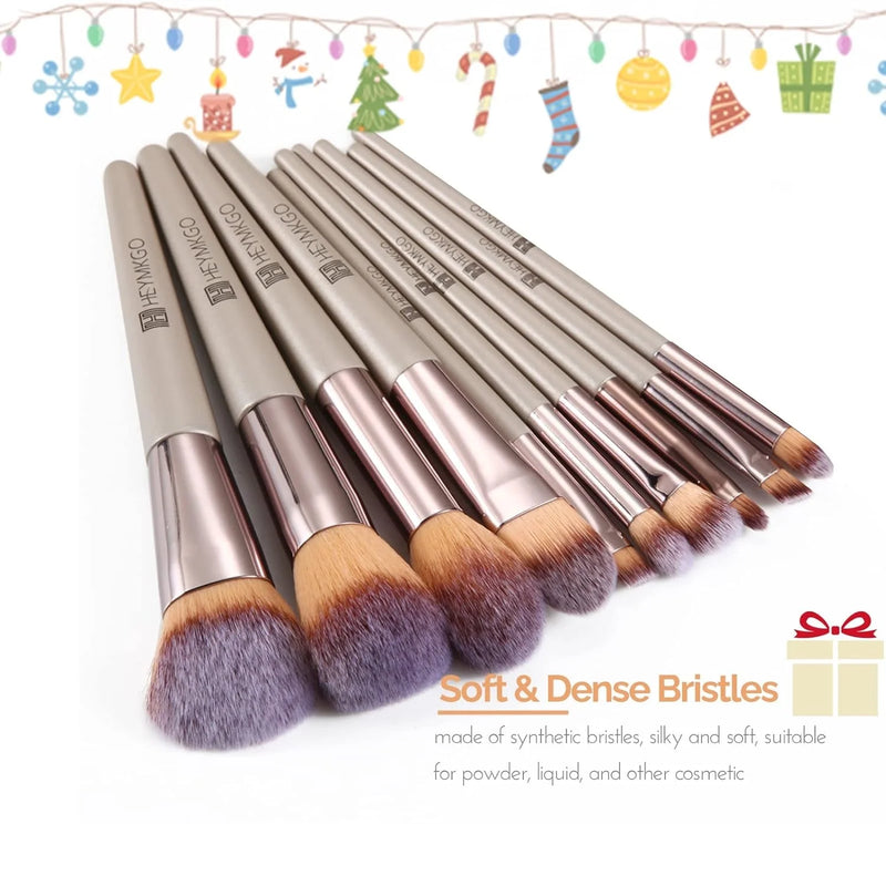 H HEYMKGO  Makeup Brushes, Conical Handle Professional Premium Synthetic Makeup Brush Set Kit With Case Bag for Blending Foundation Powder Blush Eyeshadow 10 Count Champagne Gold Xmas Gift