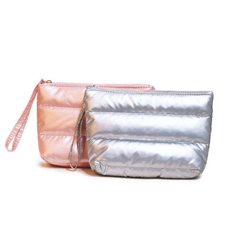 DUAIU Puffy Quilted Makeup Bag - Large Capacity Travel Cosmetic Organizer with Checkered Design, Cute Aesthetic Toiletry Pouch for Brushes & Skincare (Silver, Classic Stripes)