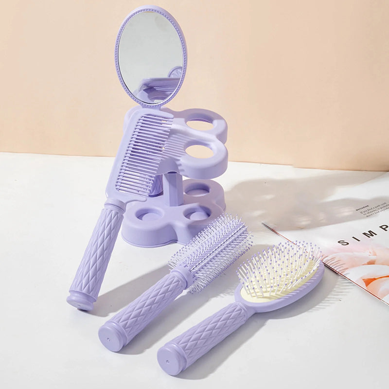 DUAIU 4 Pcs Hair Combs Set,Professional Salon Hair Cutting Brushes Sets Salon Hairdressing Styling Tool Mirror And Holder Stand Set Dressing Comb Kits for Women Girls,Purple