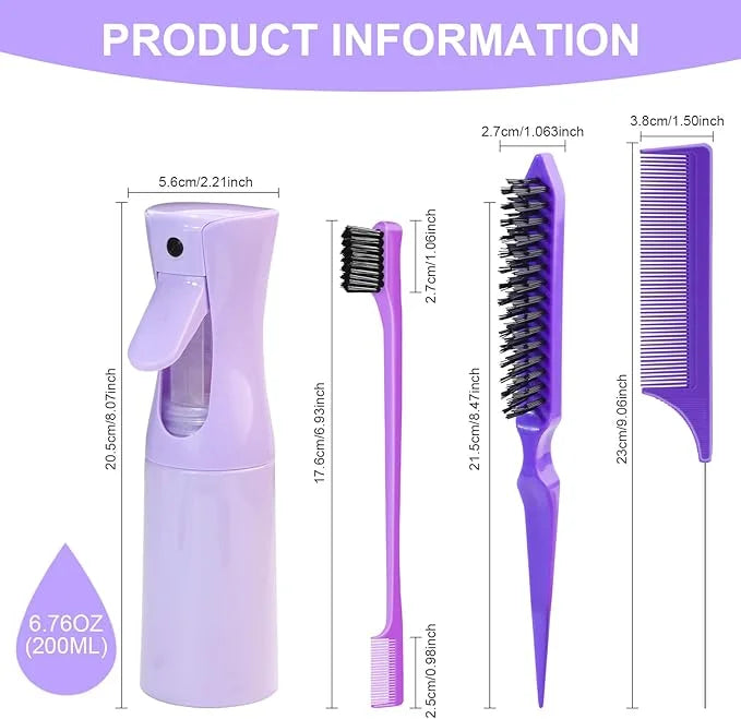 DUAIU Slick Back Hair Brush for Women, 4 Pcs Hair Brush Set with Mist Spray Bottle 6.8 OZ/200 ML, Rat Tail Comb, Edge Brush, Teasing Comb Hair Styling Tools Comb Set