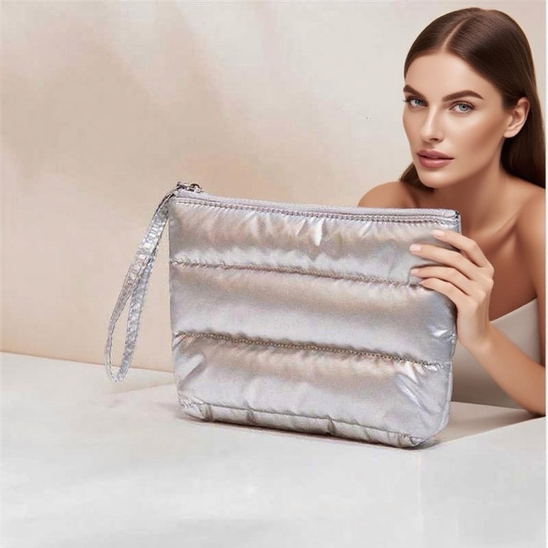 DUAIU Puffy Quilted Makeup Bag - Large Capacity Travel Cosmetic Organizer with Checkered Design, Cute Aesthetic Toiletry Pouch for Brushes & Skincare (Silver, Classic Stripes)