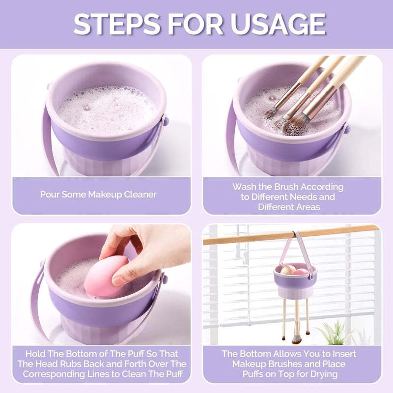 HEYMKGO Makeup Brush Cleaner Mat 3 in 1 Silicone Makeup Brush Cleaner Bowl Cosmetic Brushes Cleaning Tool Organizer for Storage and Air Dry (Purple)