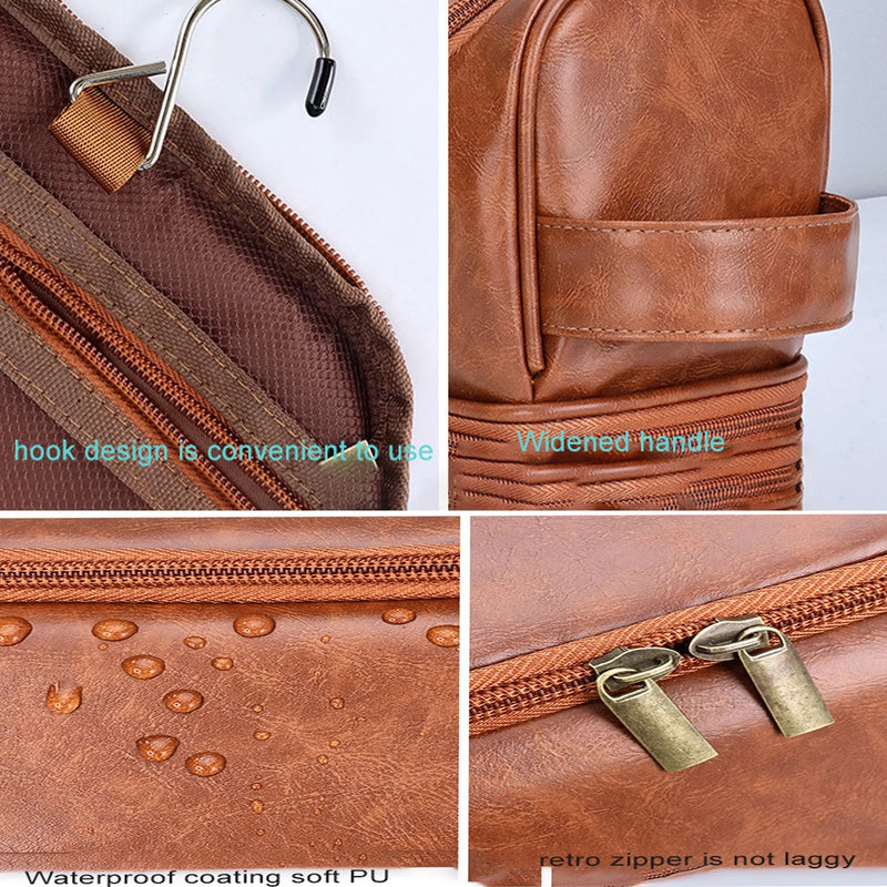 DUAIU Men's Toiletry Bag - Large Waterproof Travel Organizer with Hook,Premium Leather Toiletries Storage Bag for Personal Care,Stylish Strong-Best Gift for Men
