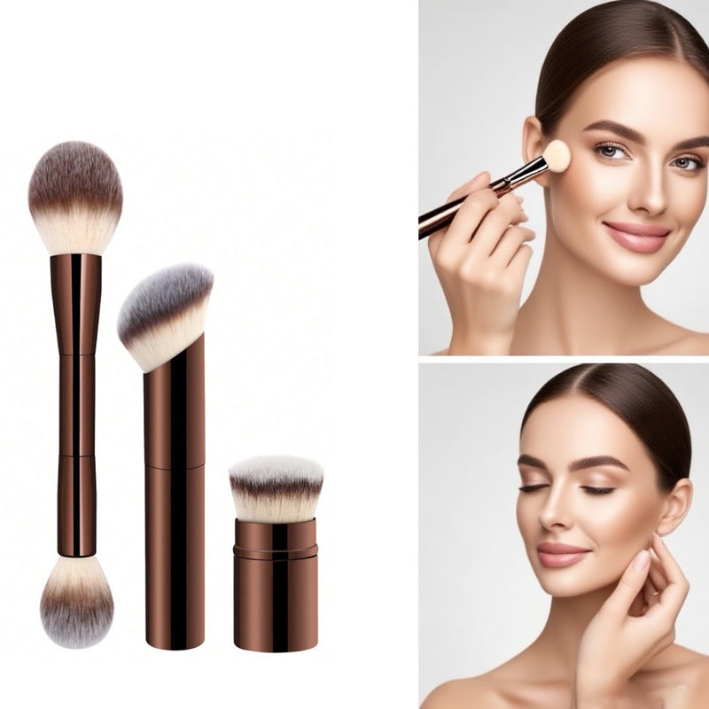 DUAIU 3Pcs Foundation Makeup Brush Set Double-ended Kabuki Brush Contour Brush for Liquid Powder Concealer Cream Cosmetics Blending Blush Face Makeup Tools Kit (Coffee)