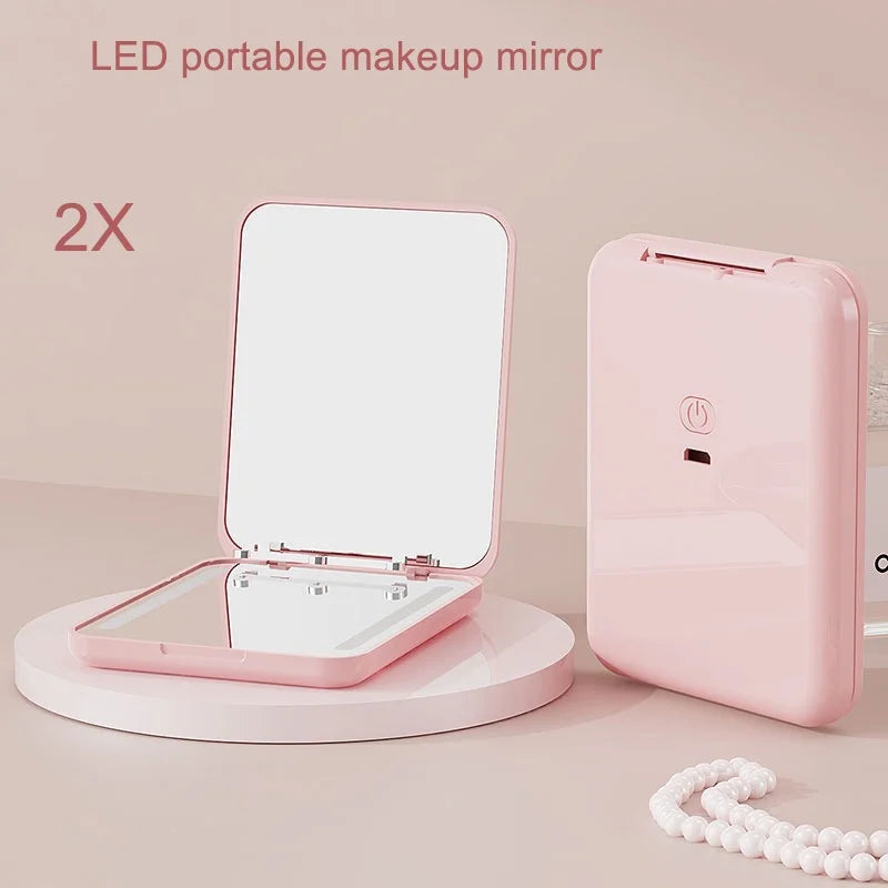 DUAIU Portable Pocket Mirror,2X Magnification LED Compact Travel Makeup Mirror with Light, 2-Sided, Portable, Folding, Handheld, Small Lighted Mirror for Gift,Pink