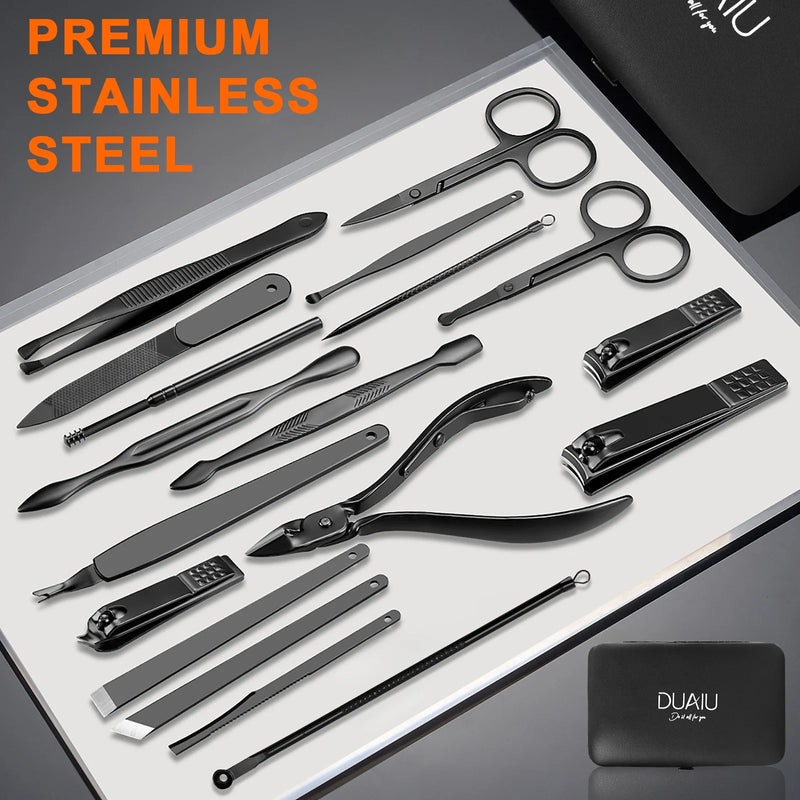 DUAIU Manicure Cutters Nail Clipper Set Household Stainless Steel Ear Spoon Nail Clippers Pedicure Nail Scis,Black leather 18pcs