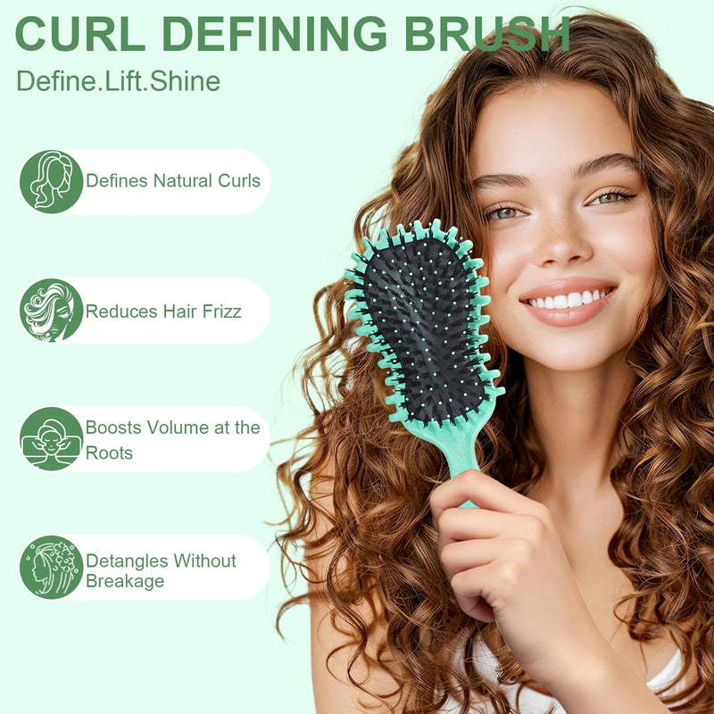 DUAIU  5-Piece Hair Brush & Comb Set - Detangling Brush, Wide Tooth Comb, Curling Comb & Tail Comb with Mini Mirror | Hair Care Gift Set for Women/Teen Girls/Kids (Includes Gift Box) Green